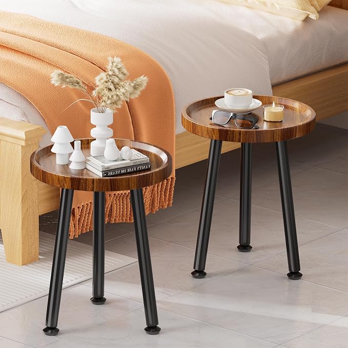 Ekisemio 2-Pack Plant Stands Outdoor Indoor, Mid Century Side Tables with Walnut Finish & Raised Edge, Small End Table for Living Room (12.5"x18")