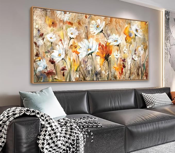 Framed Abstract Floral Wall Art for Living Room Decor Flowers Canvas Wall Pictures White Red Orange Yellow Brown Modern Daisy Artwork Canvas Prints Bedroom Kitchen Office Home Wall Decor 20"x 40"