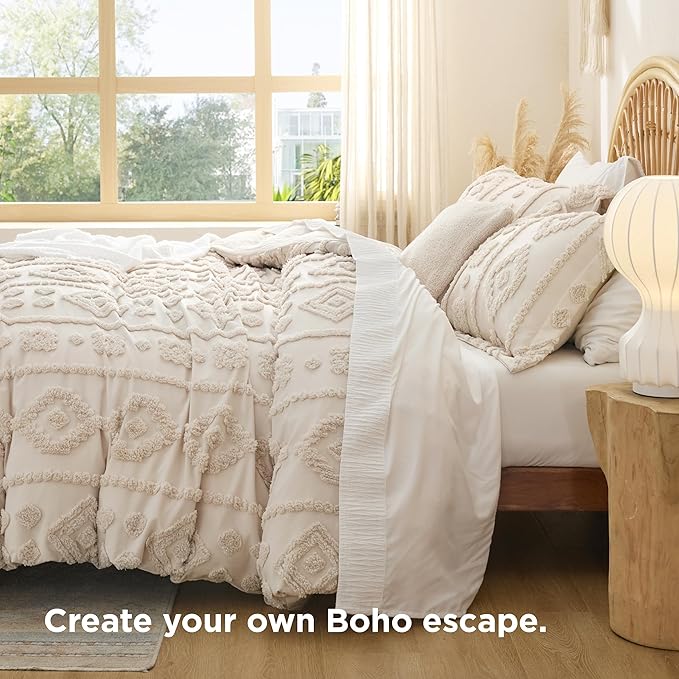 Bedsure Boho Duvet Cover Queen Size - Beige Tufted Boho Bedding, Farmhouse Shabby Chic Embroidery Bedding for All Seasons, 3 Pieces, 1 Soft Jacquard Queen Comforter Cover and 2 Pillow Shams