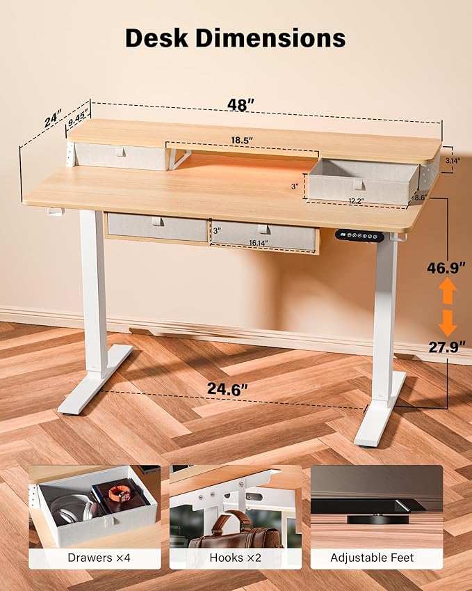 FiCiHi Adjustable Height Standing Desk with 4 Drawers,48 x 24 inches Electric Sit Stand Home Office Desk with Two Tiers, 3 Memory Presets, Monitor Stand Riser, C-Clamp Mount Compatible
