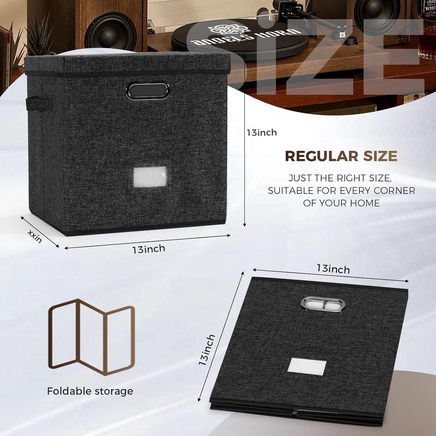 Skiennix Vinyl Record Storage Box - Holds 50+ LPs, Decorative Organizer with Lid | Black