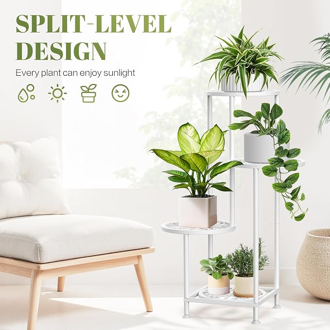 4 Tier Plant Stand Indoor Outdoor, Metal Flower Shelf Display Holder, Multiple Plants Corner Tall Flower Holders for Patio Balcony Porch Garden Living Room (White)