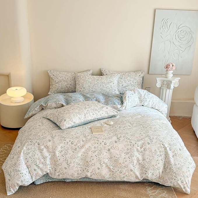 EAVD Garden Vibrant Floral Duvet Cover Full White Soft 100% Cotton Chic Shabby Spring Floral Bedding Set with 2 Pillowcases Reversible Botanical Print Duvet Cover with Zipper Closure