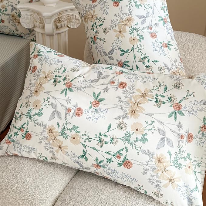EAVD Girls Floral Duvet Cover Twin Soft 100% Cotton Garden Chic Floral Leaves Pattern Bedding Set with 2 Pillowcases Fresh Botanical Comforter Cover with Zipper Closure