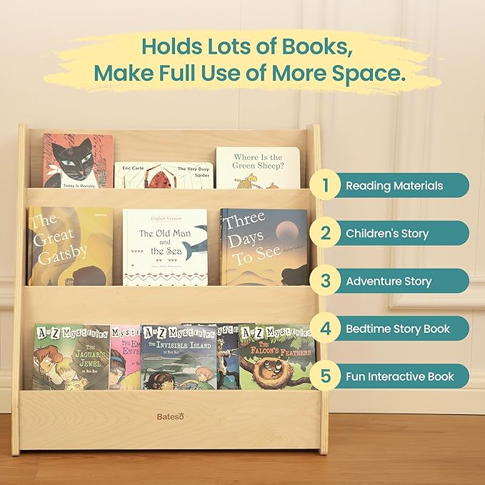 Kids Bookshelf for Toddlers, 3-Tier Wooden Montessori Bookshelf, Classic Style, Children's Bookcases, Nursery, Classroom, Playroom
