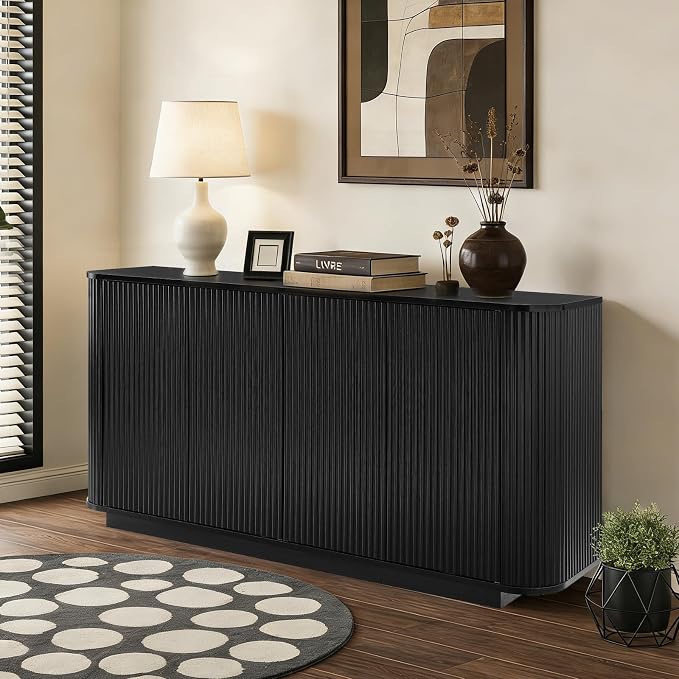 64" Sideboard Buffet Cabinet with Storage, Modern Fluted Accent Credenza with Adjustable Shelves, Wood Media Console Coffee Bar Table for Living Room Kitchen Dining Room, 31.5" H, Black