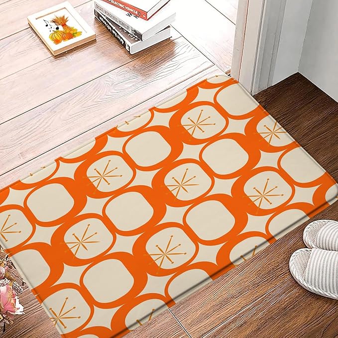 Mid Century Modern Bath Mat Abstract Atomic Geometric Retro 1950s Orange Bathroom Kitchen Toilet Rugs,16x24 Inch