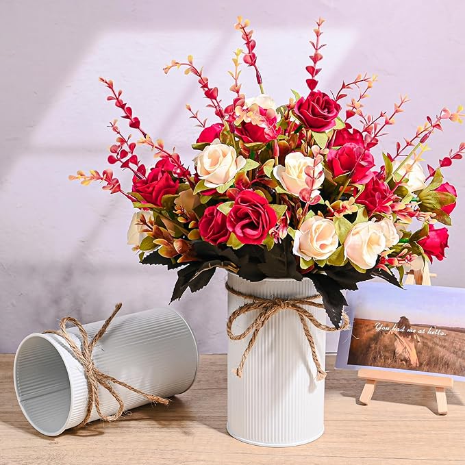 6 Set Fake Flower in Vase, Artificial Flowers with Vase, Centerpiece Table Decorations with 6 Pcs 6 Inch Large Vases and 12 Pcs Mixed Colors Silk Rose Bouquet for Wedding Home Office Farmhouse Decor