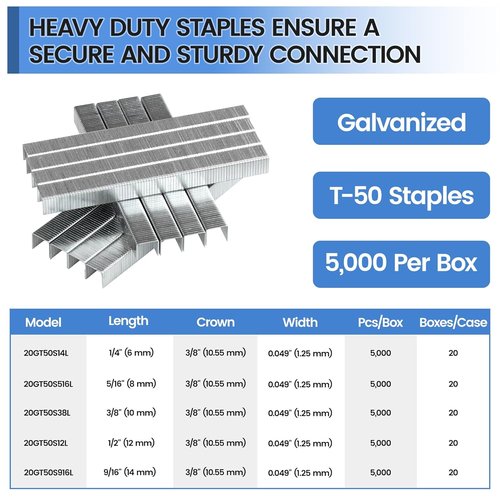Meite T50 Heavy Duty Staples - 3/8 Inch Galvanized 20 Gauge | Ideal for Upholstery & Construction (5,000 Count)