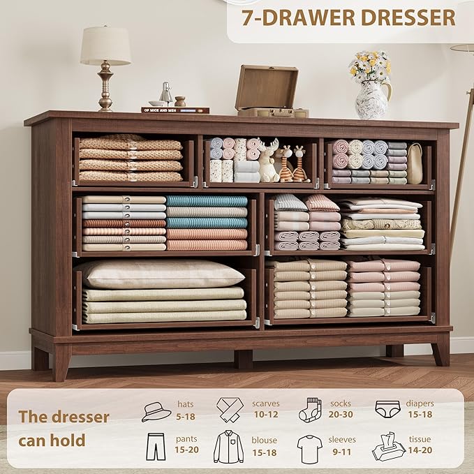 GarveeHome 7 Dresser for Bedroom, 54 in Wide Drawer Dresser with Storage Freestanding, Wooden Closet Storage Chest for Living Room, Bedroom, Entryway, Walunt