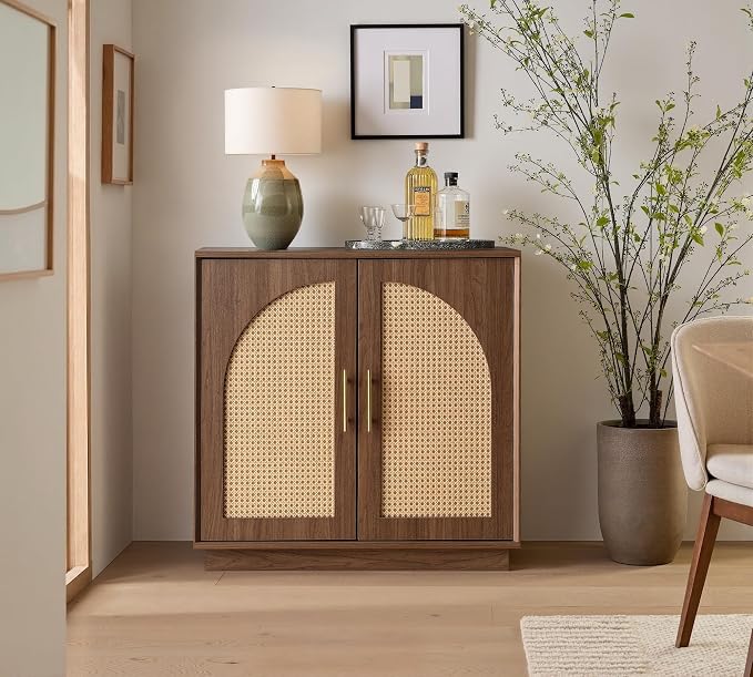 FORTUNETEC Sideboard Buffet Cabinet with Storage Set of 3, Modern Accent Cabinet with Rattan Arched Doors, Modular Media Console, Boho Credenza for Living Room Kitchen Dining Room Entryway, Walnut