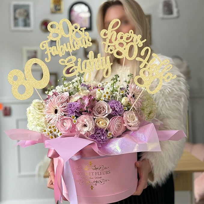 Gyufise 15Pcs 80th Birthday Centerpiece Sticks Eighty Happy 80th Table Flower Centerpieces Sticks Cheers to 80 Floral Decorations for 80th Birthday Party Centerpieces Supplies Gold