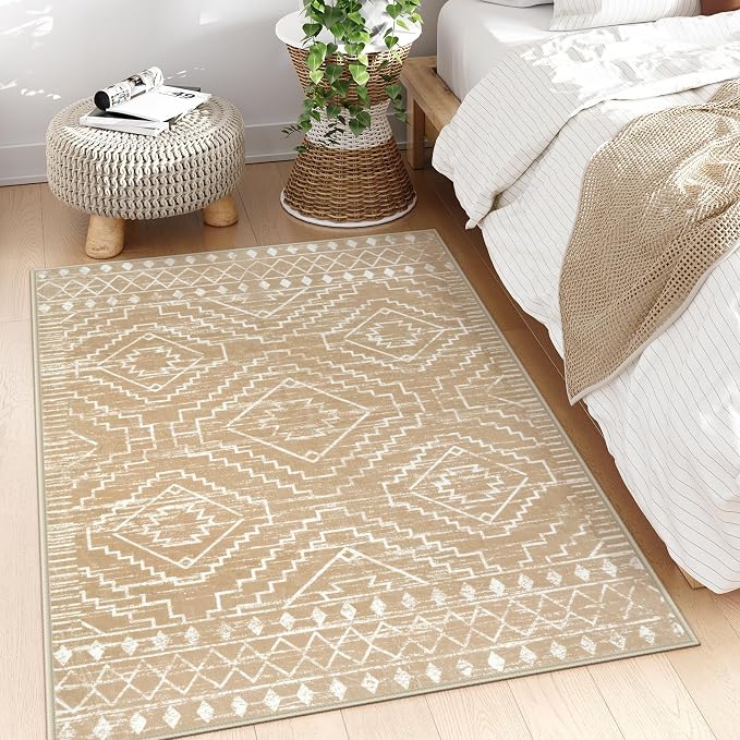 Wonnitar Moroccan Washable Area Rug 4x6, Non-Slip Rugs for Living Room, Boho Bedroom Throw Mat, Geometric Low Pile Floor Carpet for Home Office Mudroom Kitchen (Kakhi,4'x6')
