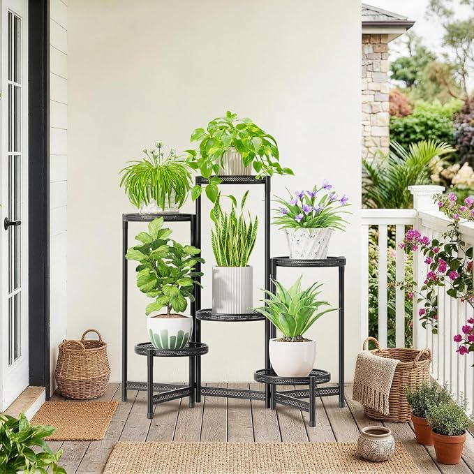 iDavosic.ly 6 Tier Large Plant Stand Indoor with 10-Inch Wide Drainage Tray, Tiered Corner Metal Outdoor Flower Display Holder Shelf, Folding Tall Rack for Patio Porch Balcony, Black Iron Carving