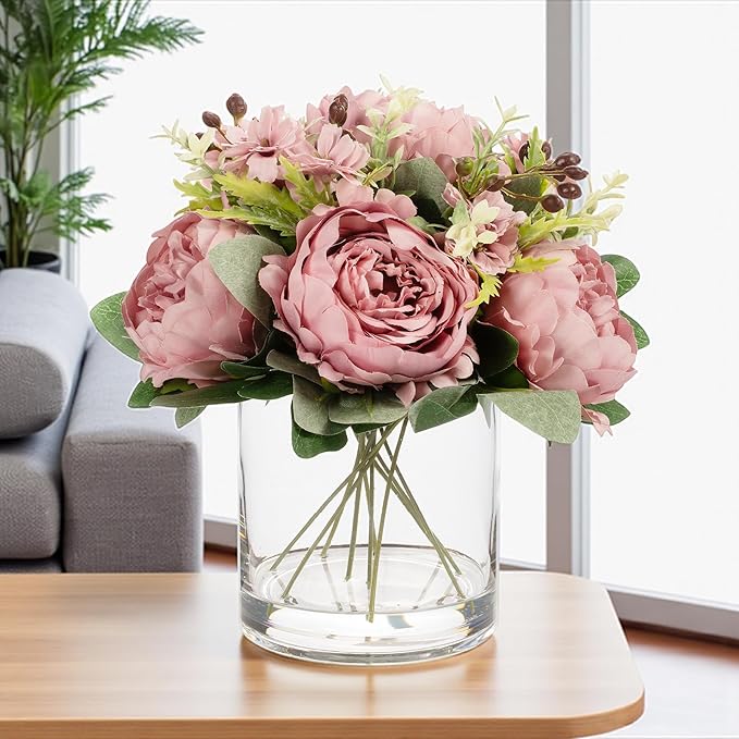 ENOVA FLORAL Artificial Flower Arrangement with Vase,Mixed Artificial Fake Silk Peony Flower in Vase for Decoration Home Office, Wedding Centerpiece (Purple01)