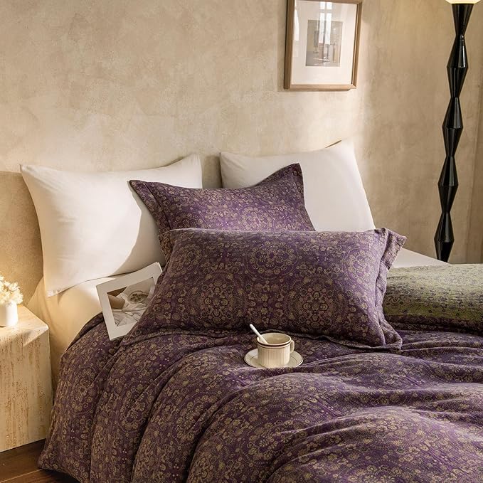 EAVD Soft 100% Cotton Muslin Yarn-Dyed Jacquard Textured Duvet Cover King Chic Shabby Purple Floral Duvet Cover with Zipper Closure Linen Like Gauze Floral Bedding Set with 2 Pillowcases