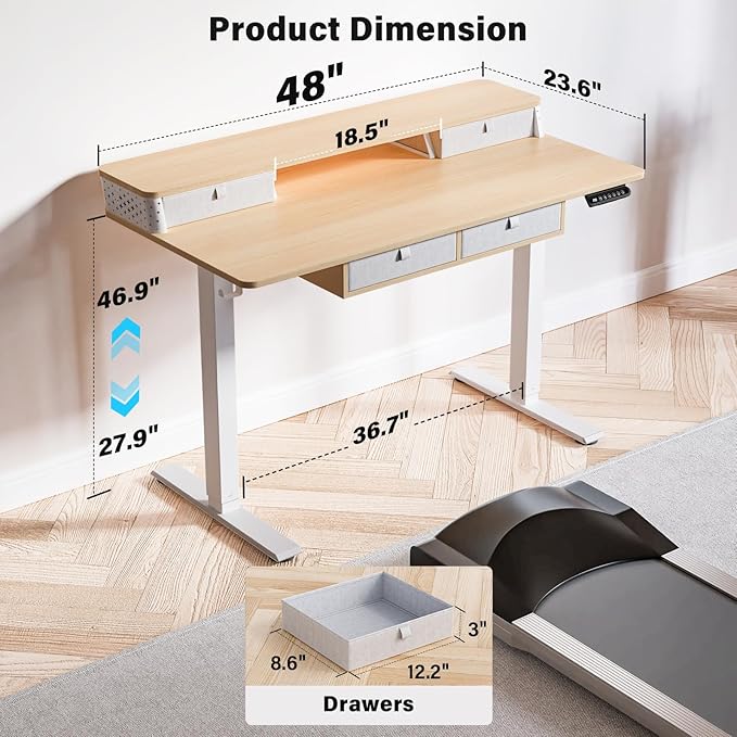Electric Standing Desk with 4 Drawers 48''x 24'' Adjustable Height Sit to Stand Up Desk with Storage Shelf, C-Clamp Mount Compatible Black Home Office Desks Computer Gaming Table Ergonomic Workstation
