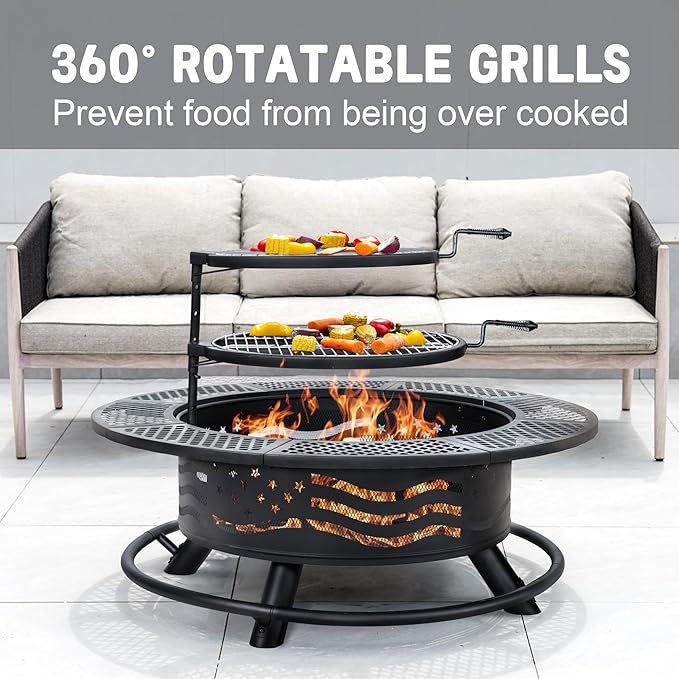 Panovue 42 Inch Fire Pit with 2 Cooking Grates, Outdoor Wood Burning BBQ Grill Firepit Bowl with Cover Lid, Steel Round Table for Backyard Bonfire Patio Picnic (Black, 42)