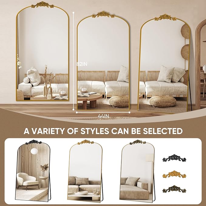 Antok Arched Full Length Mirror, 82"x44" Floor Mirror with Carved, Full Body Mirrors for HomeDecor, Standing/Halling Large Wall Mirror for Bedroom, Living Room, Cloakroom, Gold, Retro Style