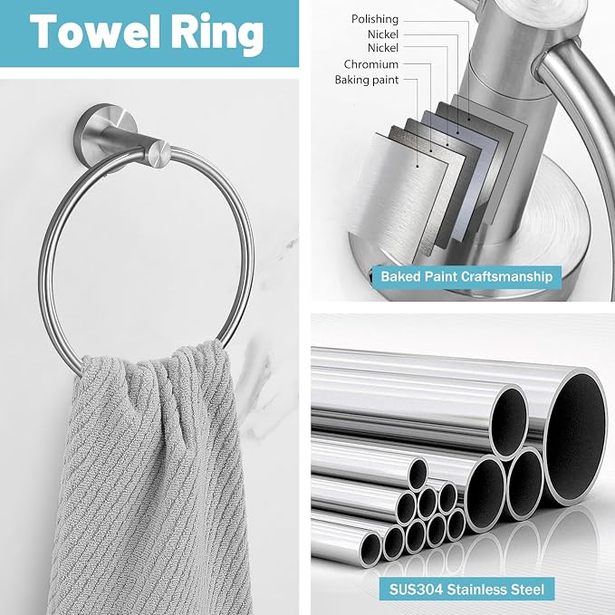 10 Pieces Brushed Nickel Bathroom Hardware Accessories Set SUS304 Stainless Steel Towel Bar Holder Set, 23.6Inch Towel Racks for Bathroom, Robe Towel Hooks, Toilet Paper Holder Wall Mounted