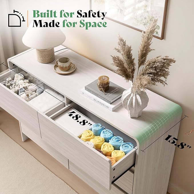 AMERLIFE 6 Drawer Dresser for Bedroom, 49" Wide Modern Chest of Storage Drawers with Rounded Corners, Anti-Tip Kit, Wood Cabinet Organizer for Closet, Living Room, Nursery, Easy Assembly, White