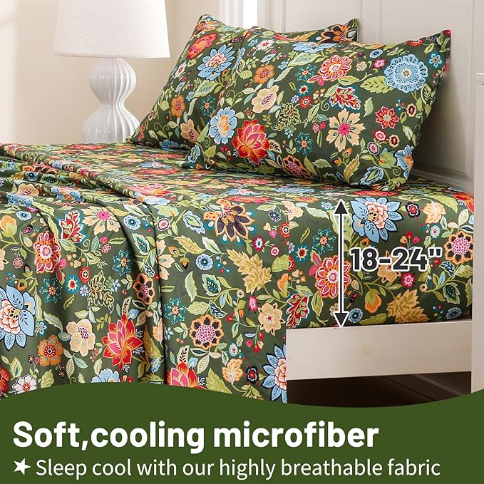 Bedlifes King Size Extra Deep Pocket Sheet Sets - Fits Mattresses Up to 18-24" Thick, 4-Piece Microfiber Set with 1800 Thread Count, Soft, Smooth, Breathable, Featuring Floral Dark Green
