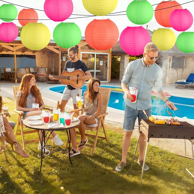 Glow in The Dark Party Supplies, Neon Party Decorations, Colorful Round Hanging Paper Lanterns Decorations for Neon Themed Birthday Wedding Baby Shower Home and Bar Decor, 15Pcs