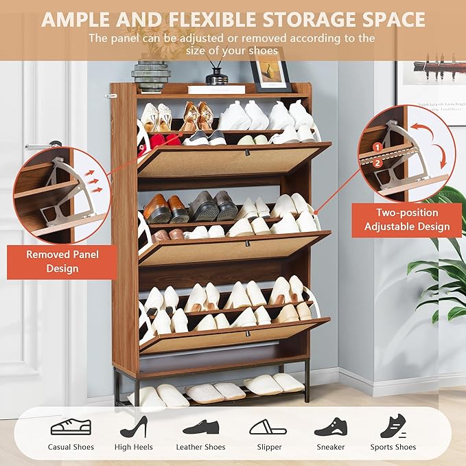 LEVNARY Shoe Cabinet for Entryway, Slim Shoe Cabinet with 3 Flip Drawers Narrow Shoe Storage Cabinet, 4 Tier Freestanding Shoe Organizer for Entryway, Hallway (2, Walnut)