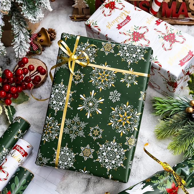 MAYPLUSS Green Christmas Wrapping Paper - 17In x 120In Per Roll - Elegant Gold Red Poinsettia, Vintage Snowflake, Peaceful Dove & Olive Branch in Flight Winter Gift Wrap for Christmas, Holiday, Party