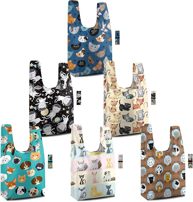 BeeGreen Cat Reusable Grocery Bags 6 Pack - Foldable, Heavy Duty Shopping Tote Bags with Zipper Pouch, Large Capacity (50+ Lbs), Animal Prints Designs for Women & Men, Machine Washable