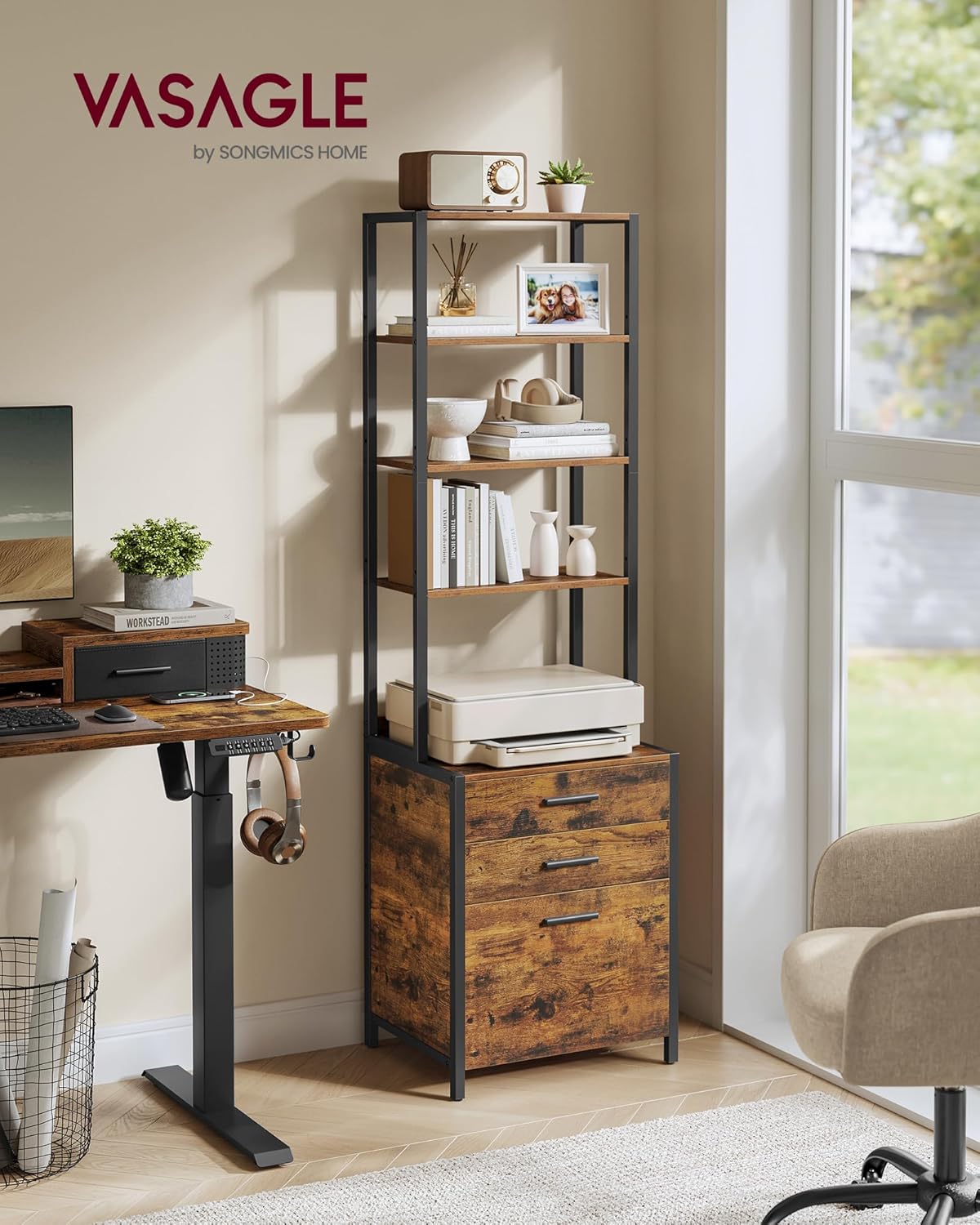 VASAGLE File Cabinet - Height-Adjustable Home Office Filing Cabinet with 3 Drawers - Rustic Brown