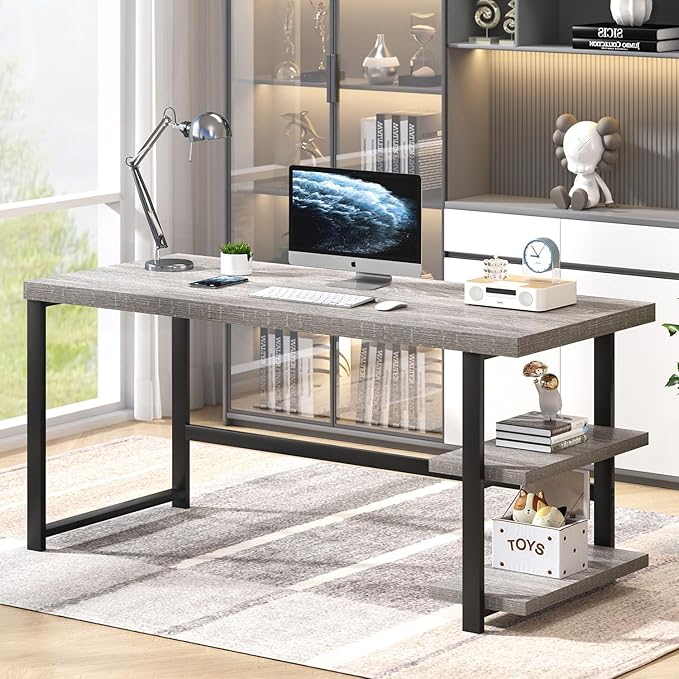 FOLUBAN 60 Inch Computer Desk, Modern Large Home Office Desk with Storage Shelves, Wood and Metal Writing Table Study Gaming Desk Workstation for Living Room, Industrial Light Grey