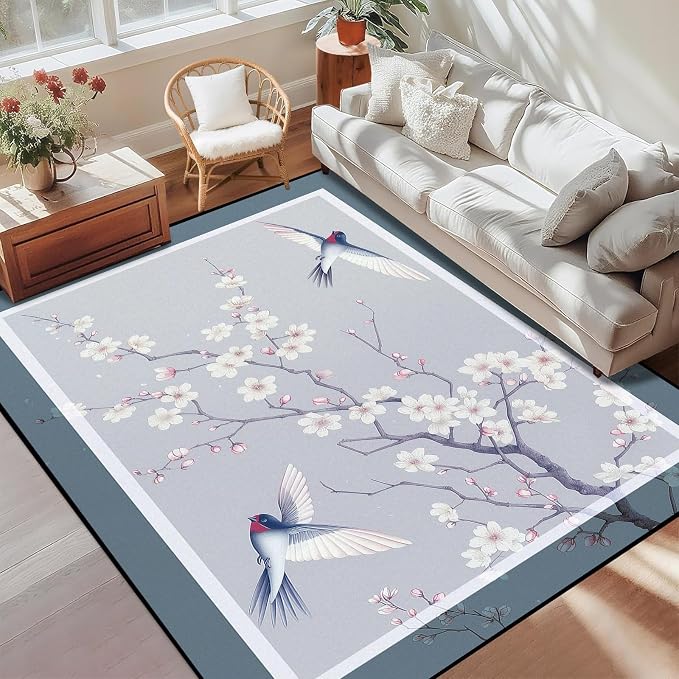 Cherry Blossom Area Rug 3D Swallow Sakura Floral Rugs for Entryway Bedroom Living Room Kitchen Home Decor Soft Non Slip Indoor Carpet Washable Low Pile Floor Mat,3'x5'