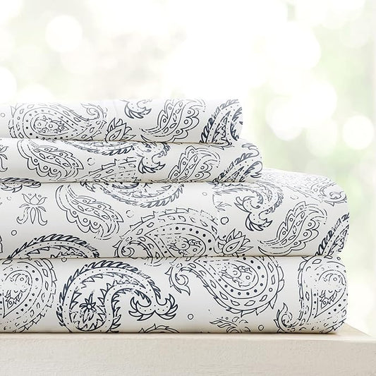 Linen Market Patterned Microfiber King Sheet Set 4 Piece – Oeko-TEX Certified Ultra Soft & Wrinkle-Free - 16" Deep Pocket Sheets - Easy Care King Size - Coarse Paisley Navy