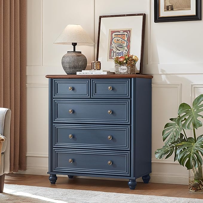 Farmhouse 5 Drawer Dresser, Blue Rustic Chest of Drawers, 35.5" Tall Small Dressers for Bedroom with Roman Column and Metal Handles,Wood Storage Organizer for Living Room, Hallway, Closet