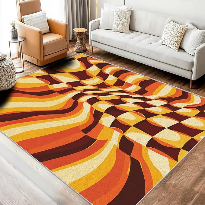 70s Retro Throw Rugs 2x3, Orange Brown Abstract Washable 2 x 3 Indoor Door Mat for Entryway, Bedroom, Kitchen, Low Pile Non Slip Stain Resistant, 70s Orange Home Decor & M827
