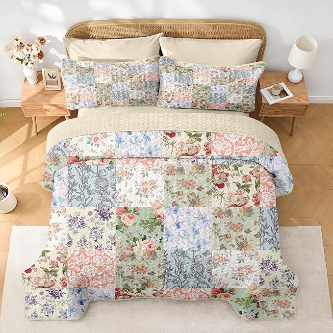 Quilt Set Twin Size, Vintage Patchwork Floral 2 Pcs Soft Bed Cover Bedding Set, Boho Mid Century Lightweight Bedspread Coverlet with Pillow Sham for All Season