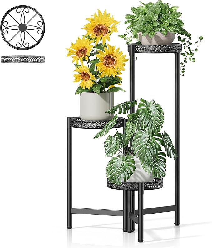 Plant Stand Indoor Outdoor, 3 Tier Corner Metal Flower Display Holder Shelf, Folding Tall Plant Rack for House Patio Balcony Porch Living Room, Heavy Duty Anti-Rust Wrought Iron - BlackS