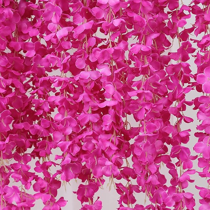 Duovlo 12 Piece Artificial Silk Wisteria Vine 3.6 Feet Ratta Hanging Flower Garland String Home Party Wedding Decor (New Rose Red)