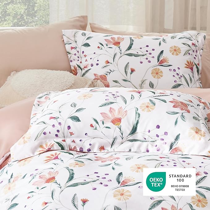 Bedsure Duvet Cover Queen Size - Reversible Floral Duvet Cover Set with Zipper Closure, 3 Pieces Pale Blush Bedding Set with 8 Corner Ties and 2 Pillow Shams 20"x26"