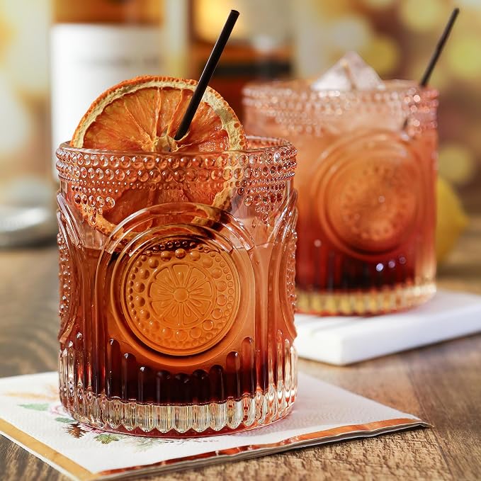 Ribbed Retro Arch Floral Rose Gold Drinking Glasses Set of 6, (10 oz) Vintage Glassware Set by Kate Aspen| Cocktail Glass Set, Juice Glass, Water Cups | Great Hostess Gift & Gift for New Home Owners
