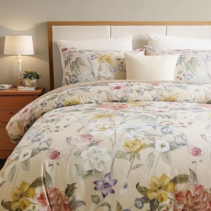 100% Cotton Duvet Cover King Size – Blooming Garden Duvet Cover Set with Zipper Closure & Corner Ties, 3-Piece Silky Soft & Breathable Pastel Floral Bedding Set for All Seasons