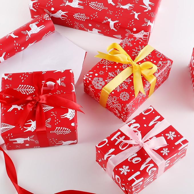 Miss DuiDui Christmas Red Gift Wrapping Paper, 3 Rolls, 17 inch x 9.8 feet, Red with White Reindeer and Snowflake Design for Christmas, Party, Holiday, Girls Kids Boys