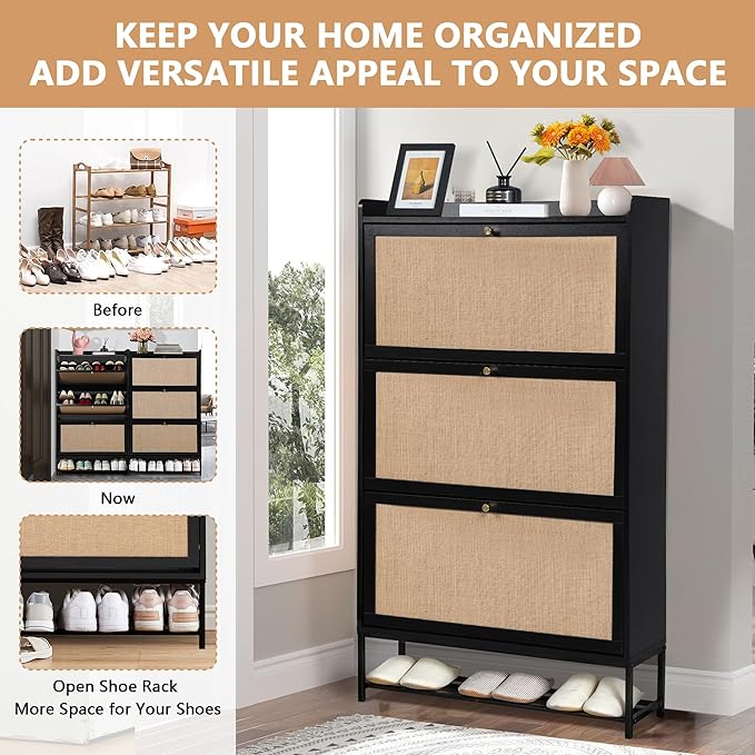 LEVNARY Shoe Storage Cabinet with 3 Flip Drawers, Freestanding Shoe Cabinet Storage Organizer for Entryway, Wooden Narrow Shoe Racks Cabinet with Metal Legs for Hallway (Black)