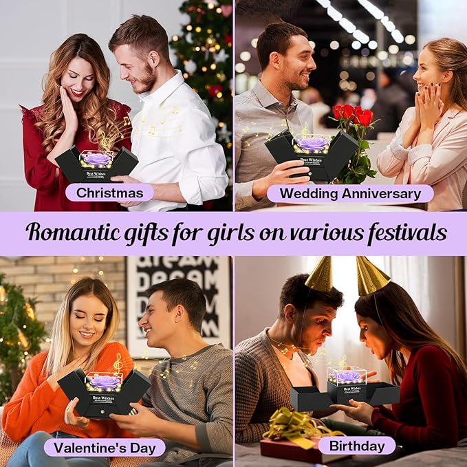 Christmas Birthday Gifts for Women - Preserved Real Rose with I Love You Heart 100-Language Necklace, LED Lights & Music Gift Box, Christmas for Women Girlfriend Mom