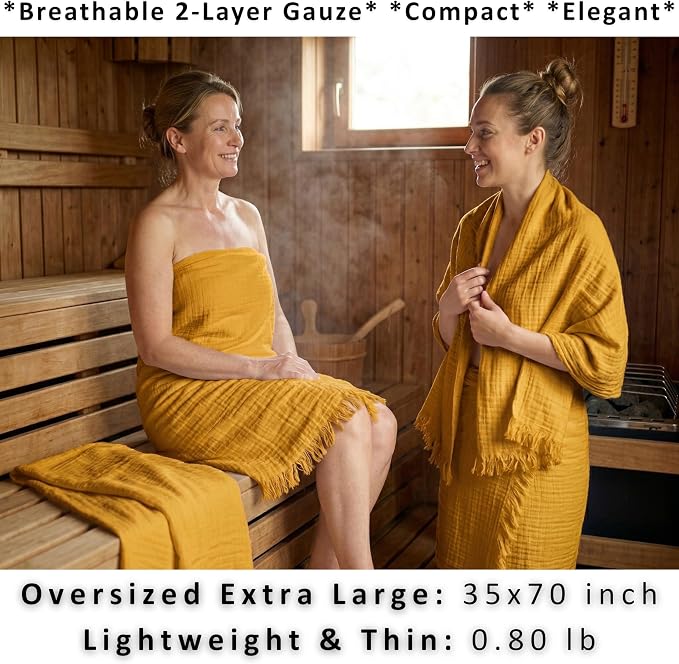 PÜSKÜL - Premium 2-Piece Oversized Muslin Bath Towel for Adult 35x70 Extra Large Bath Sheets | Natural 100% Turkish Cotton Soft Absorbent Quick-Dry Thin Spa & Beach Towels (Pack of 2, Mustard Yellow)