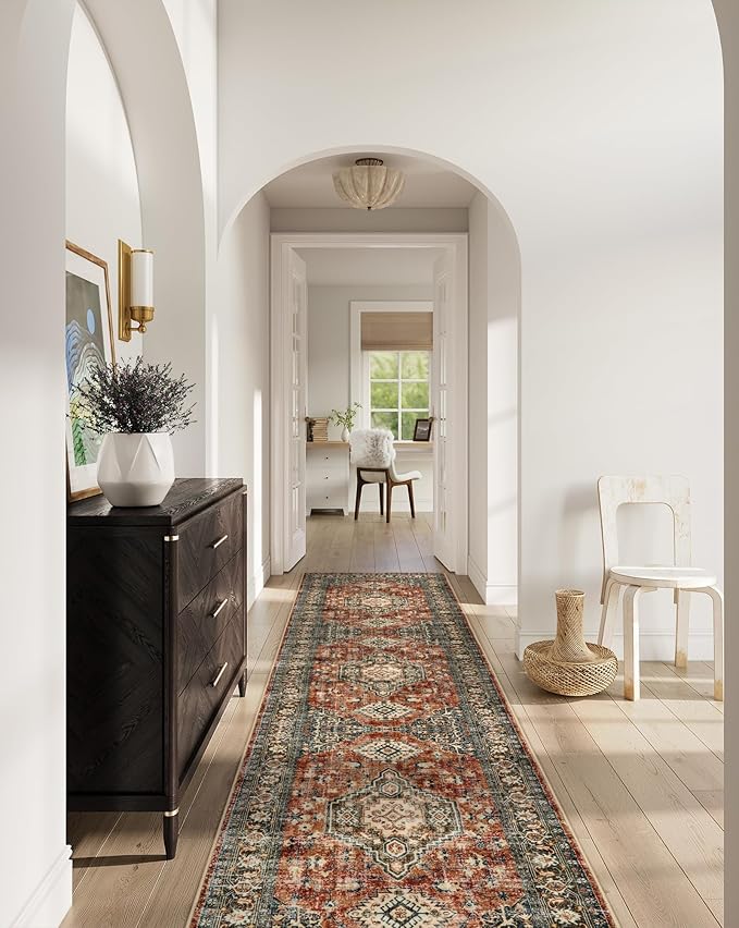Lahome Oriental Hallway Runner Rug, 2.5x10 Washable Runner Ultra-Thin Hallway Rug for Bedroom Entryway, Soft Long Carpet for Kitchen Bathroom ‎Laundry Room, Brick Red