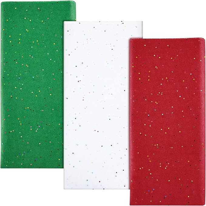 NEBURORA Glitter Tissue Paper for Packaging 50x66cm White Green Red Tissue Paper for Christmas Gift Wrapping Bouquet Packaging Craft Paper for Christmas Party Supplies 30 Sheets
