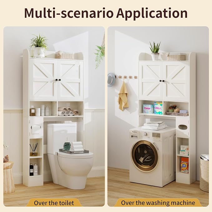 Vipbear Over The Toilet Storage Cabinet, 32.3” W Farmhouse Bathroom Storage Cabinet Above Toilet with Toilet Paper Holder and Barn Doors, Freestanding Restroom Organizer Space Saving Rack, White