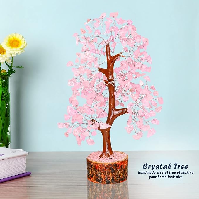 YATHABI Rose Quartz Tree - Pink Crystal Desk Decor - Feng Shui Gemstone Bonsai - Spiritual Gift for Positive Energy